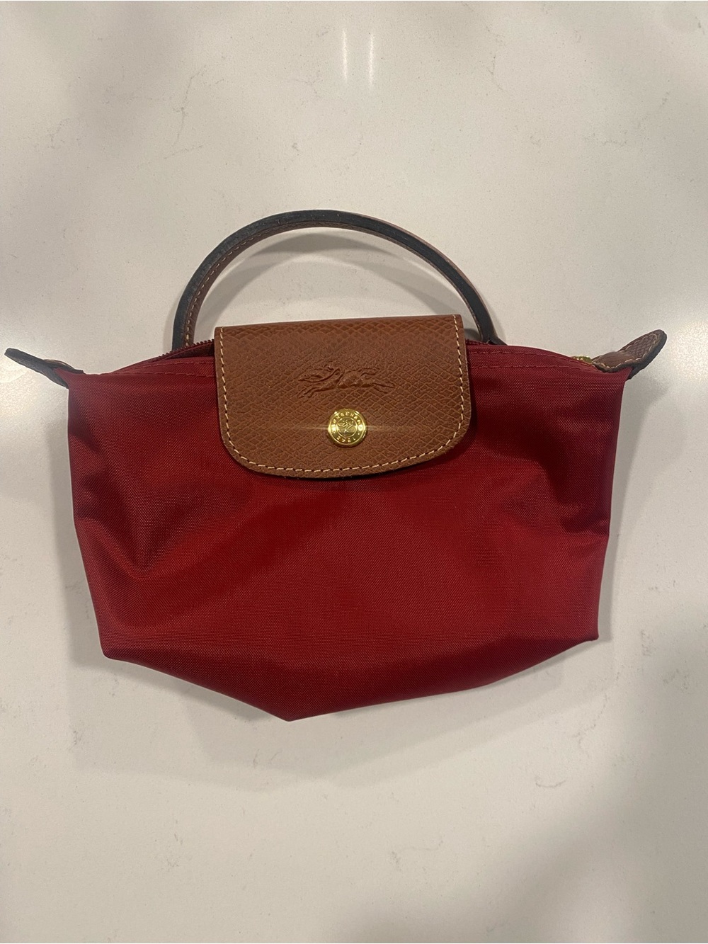 Longchamp Small Mini Tote in Burgundy with Brown Trim